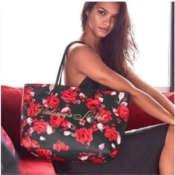 Victoria’s Secret Large Floral Red Faux Leather Tote Bag with Gold Monogram NEW - Picture 3 of 11